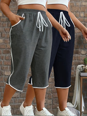 Conjunto de leggings de talla grande para mujer en bloques de color con bolsillos, 2 piezas