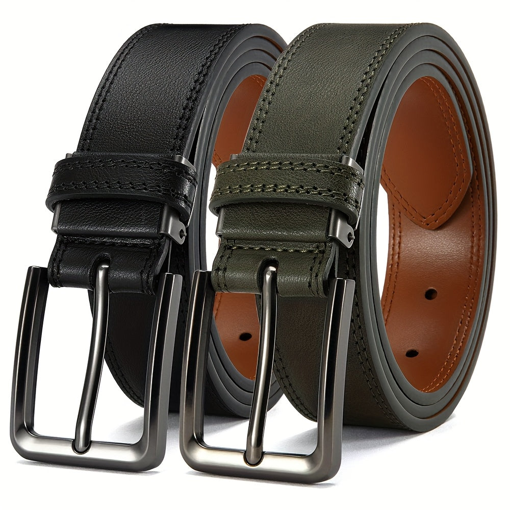 Men's Genuine Leather Belts Adjustable 3.17cm Width Square Buckle for Jeans Dress Pants Black Brown Set