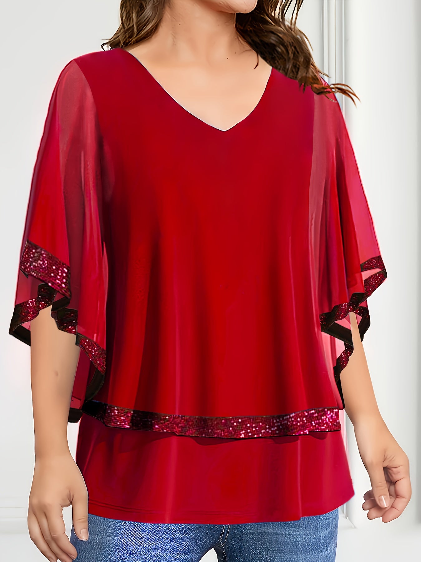 Women Plus Size Chiffon V-Neck Top Sequin Accents Light Blue