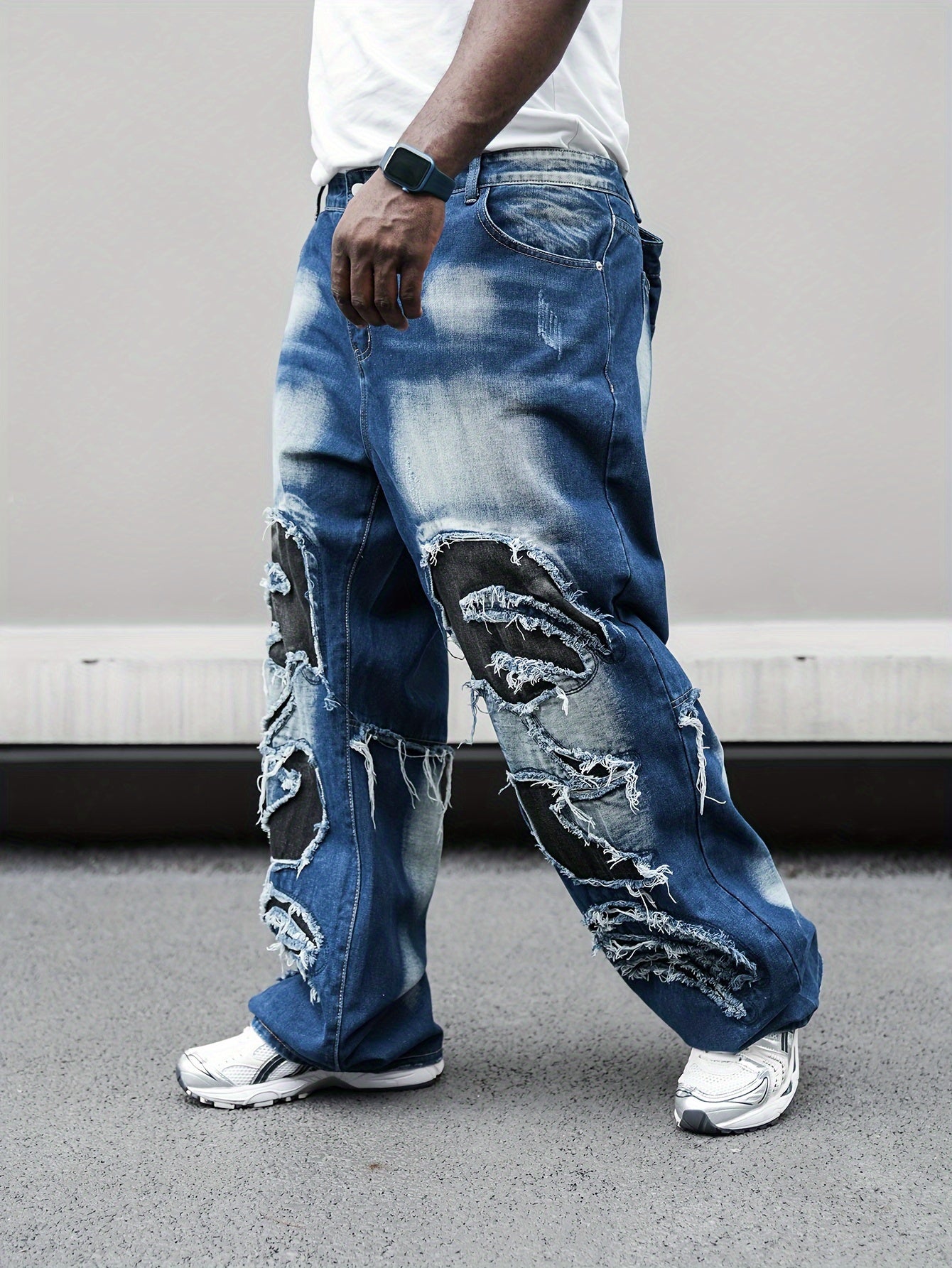 Erkaklar uchun Plus o'lchamdagi to'g'ri oyoqli denim shimlar, geometrik patchwork va yuvilgan to'liq rang