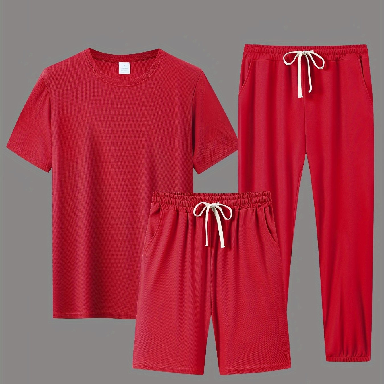 Men's Polyester Casual Sports Outfit with Short-Sleeve T-Shirt Shorts and Long Pants for Running and All-Season