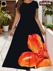 Plus Size Floral Print Maxi Dress for Women Spring Summer Black Orange Red
