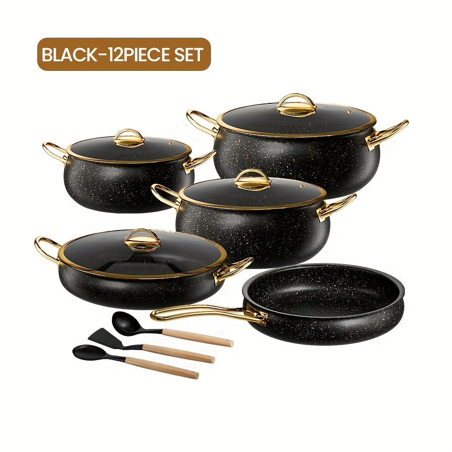 12-Piece Stainless Steel Cookware Set Non-Stick Pots with Golden Handles and Silicone Kitchenware