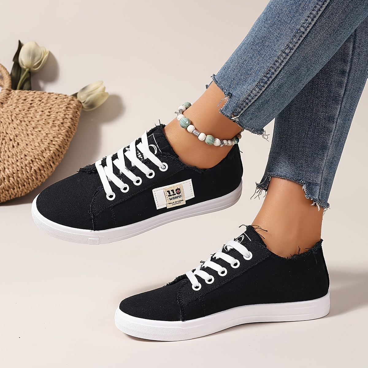 Women's Casual Fabric Flat Lace-Up Sneakers for School and Everyday Use