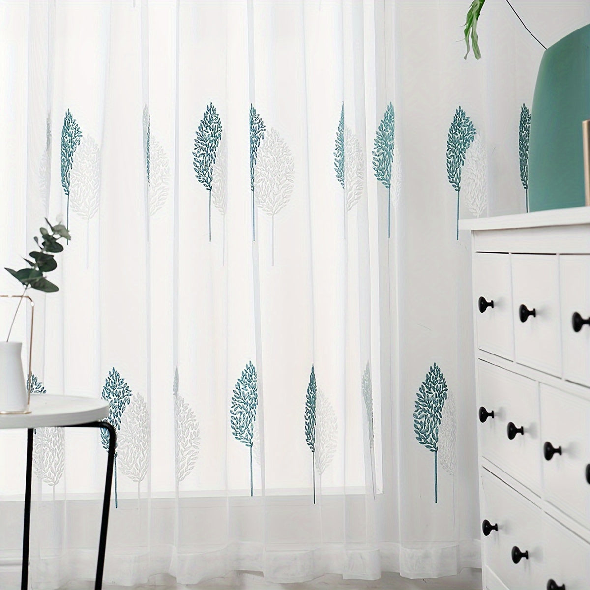 Sheer Leaf Embroidered Curtain with Rod Pocket for Living Room or Bedroom