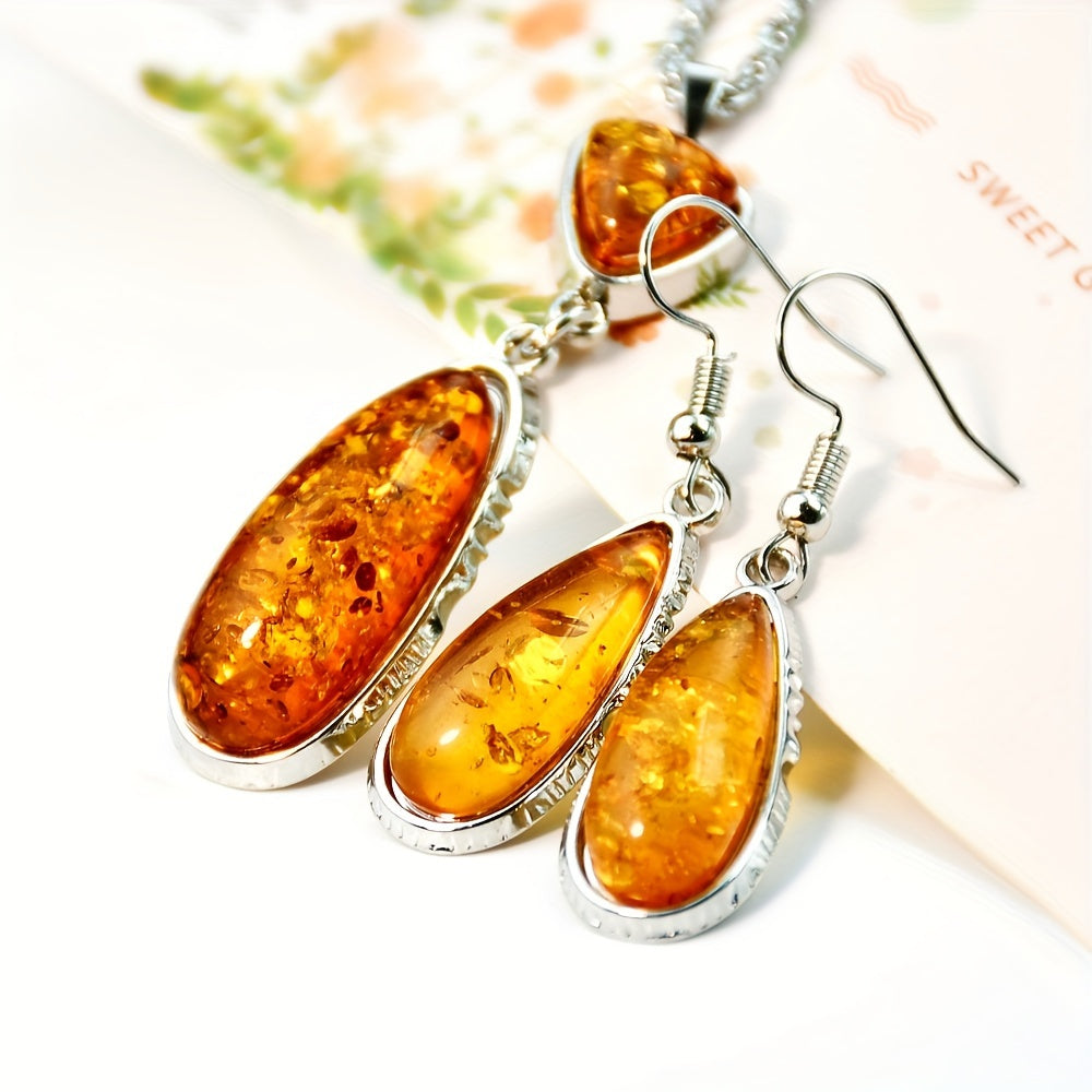 Vintage Amber Teardrop Pendant Necklace and Earrings Set for Women with Natural Stone and Geometric Chain