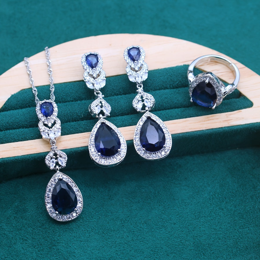Медный ювелирный набор с синтетическими голубыми драгоценными камнями, платиновое покрытие, ожерелье, кольцо, серьги, браслет, 5 предметов