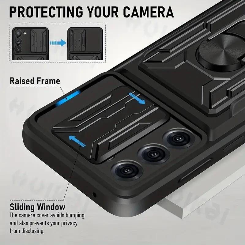 Чехол для мобильного телефона с выдвижной крышкой камеры, держателем карт, ударопрочный для Galaxy S22 Ultra A73
