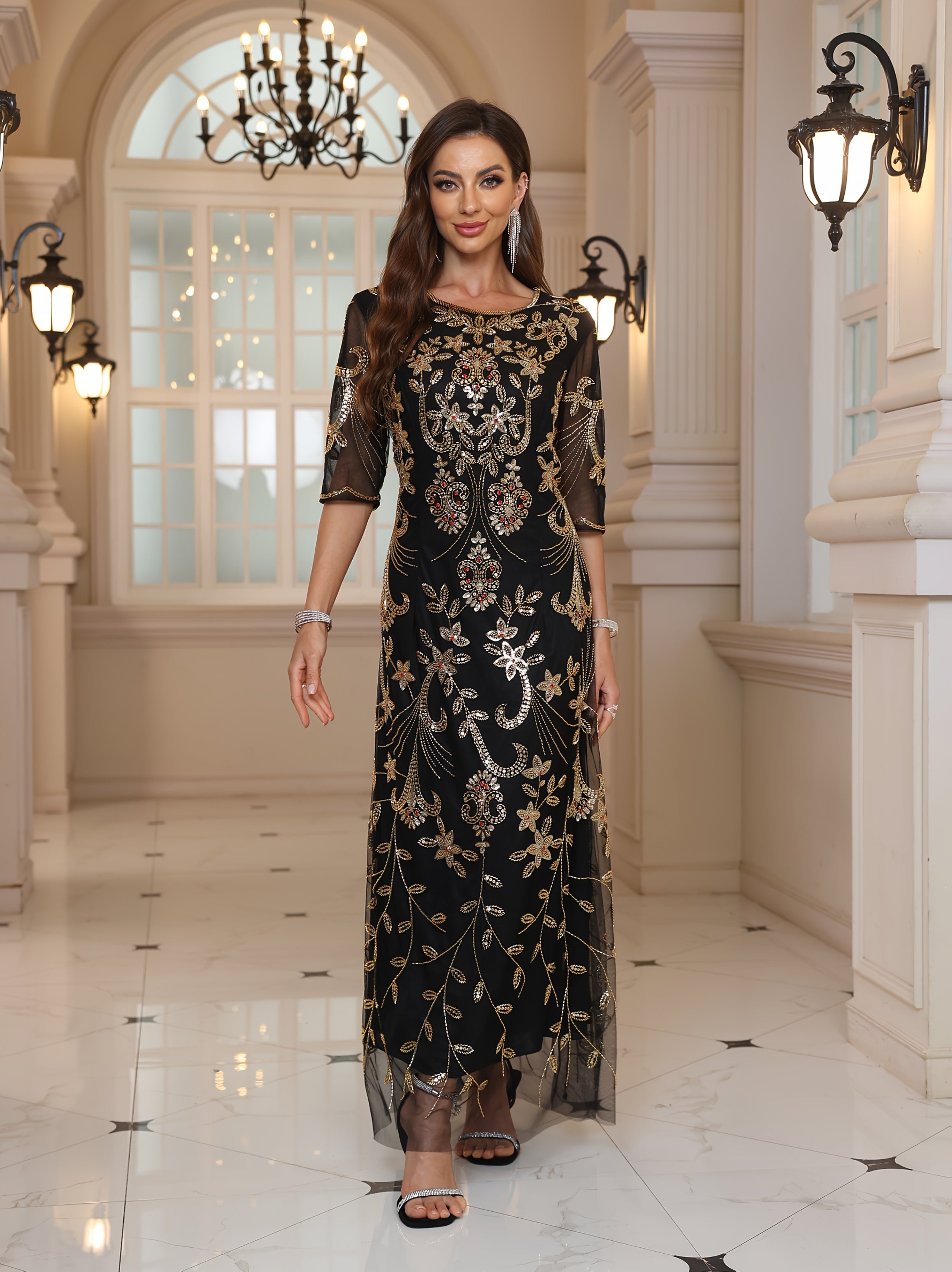 Women's Geometric Maxi Dress Black Gold Floral Formal Gown