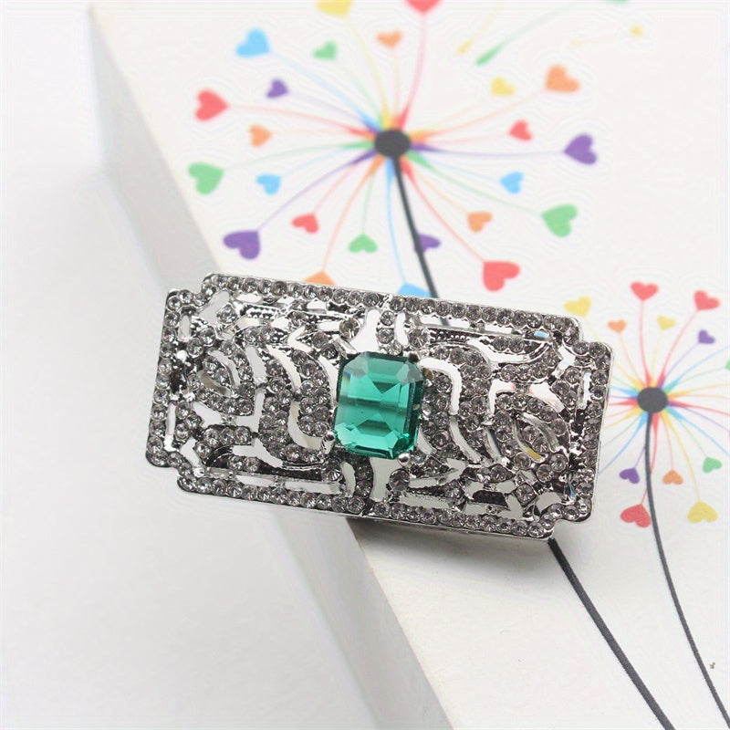 Vintage Square Brooch with Rhinestones and Enamel Corsage, Hollowed-out Design