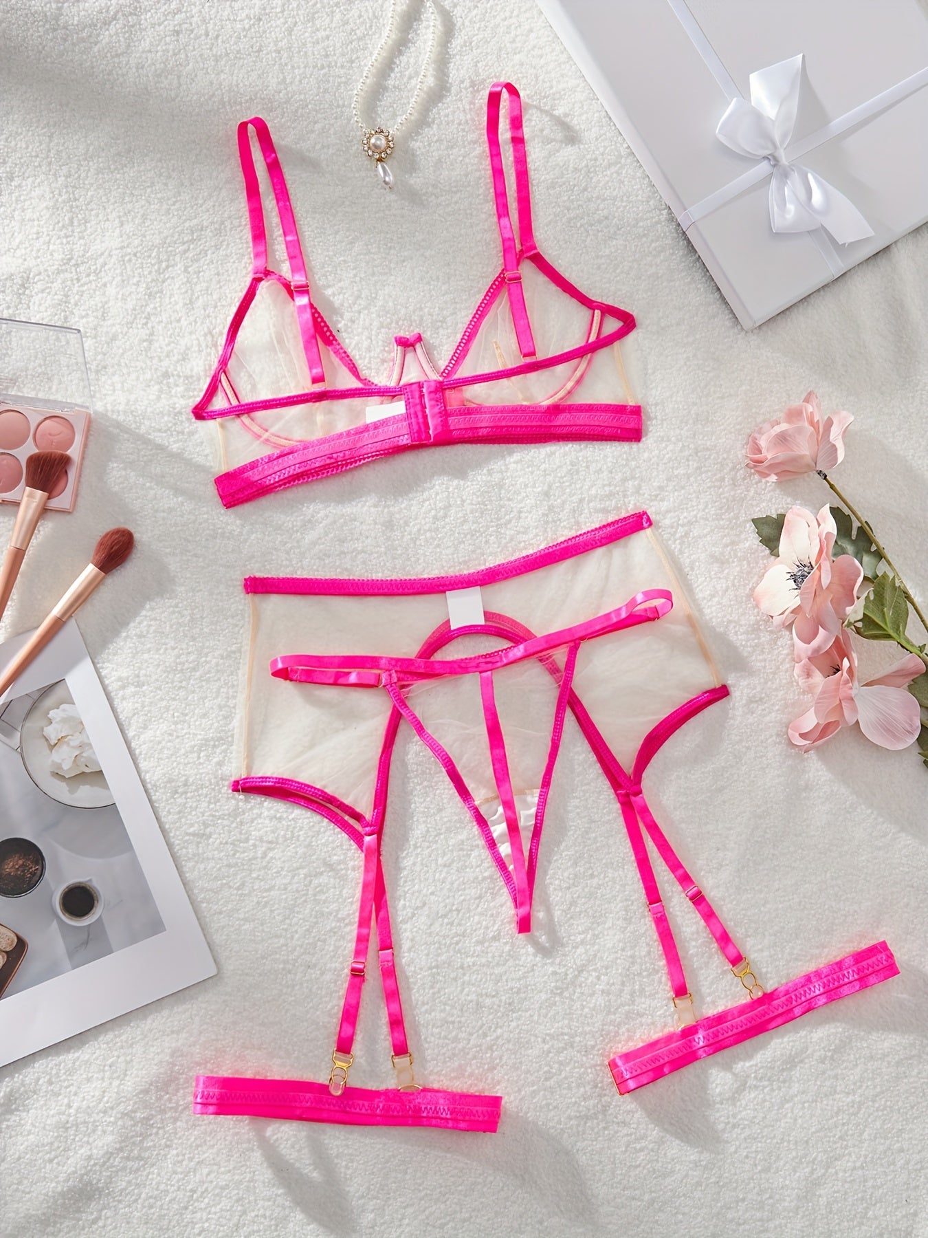 Women's Sheer Mesh Lingerie Set with Contrast Trim Bra Thong Garter Belt