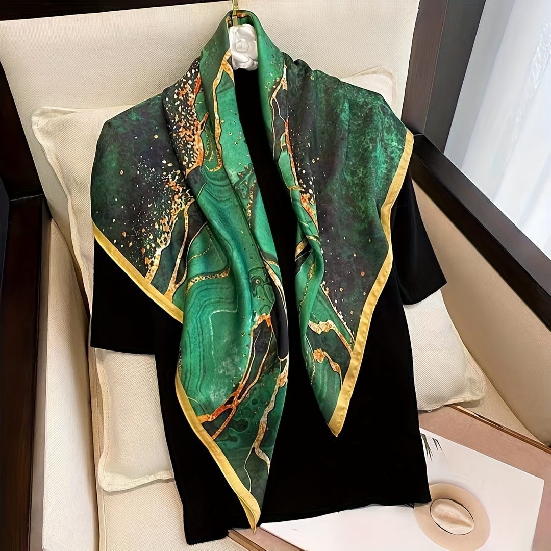 Women’s Green Print Square Scarf Made of Simulated Silk 69.85cm Breathable Neck Wrap