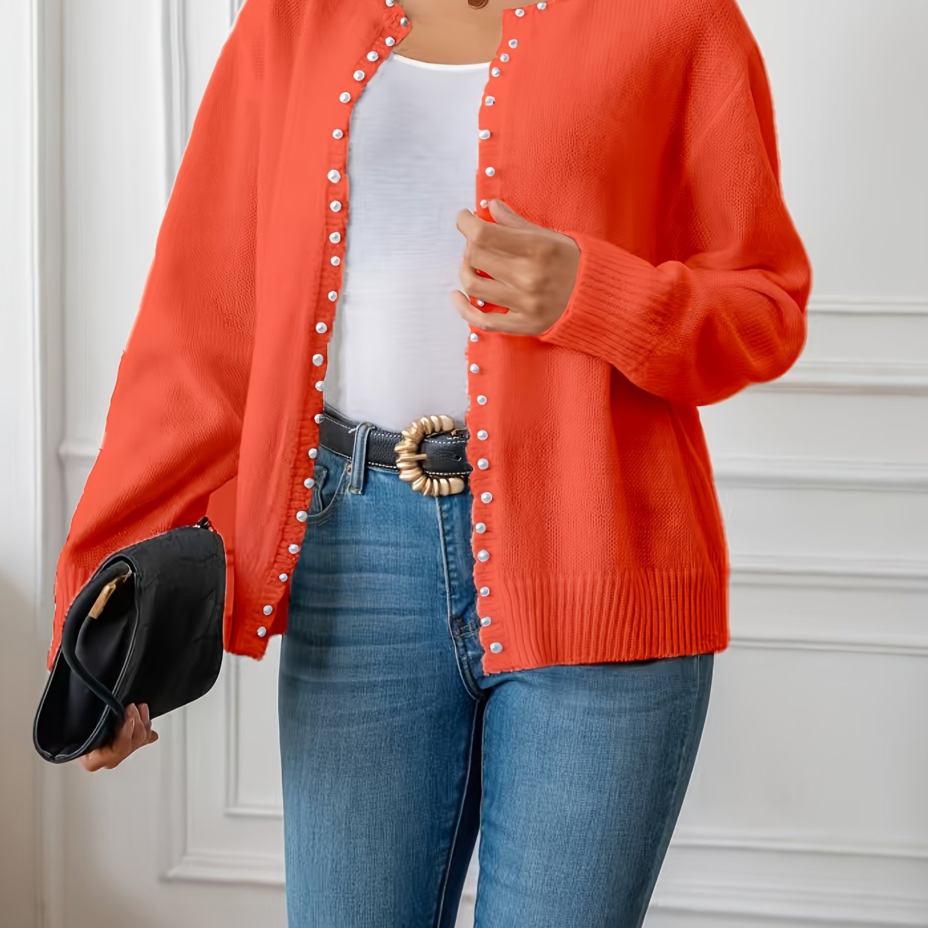 Women's Oversized Cozy Knit Cardigan with White Trim Navy Blue Winter Layering