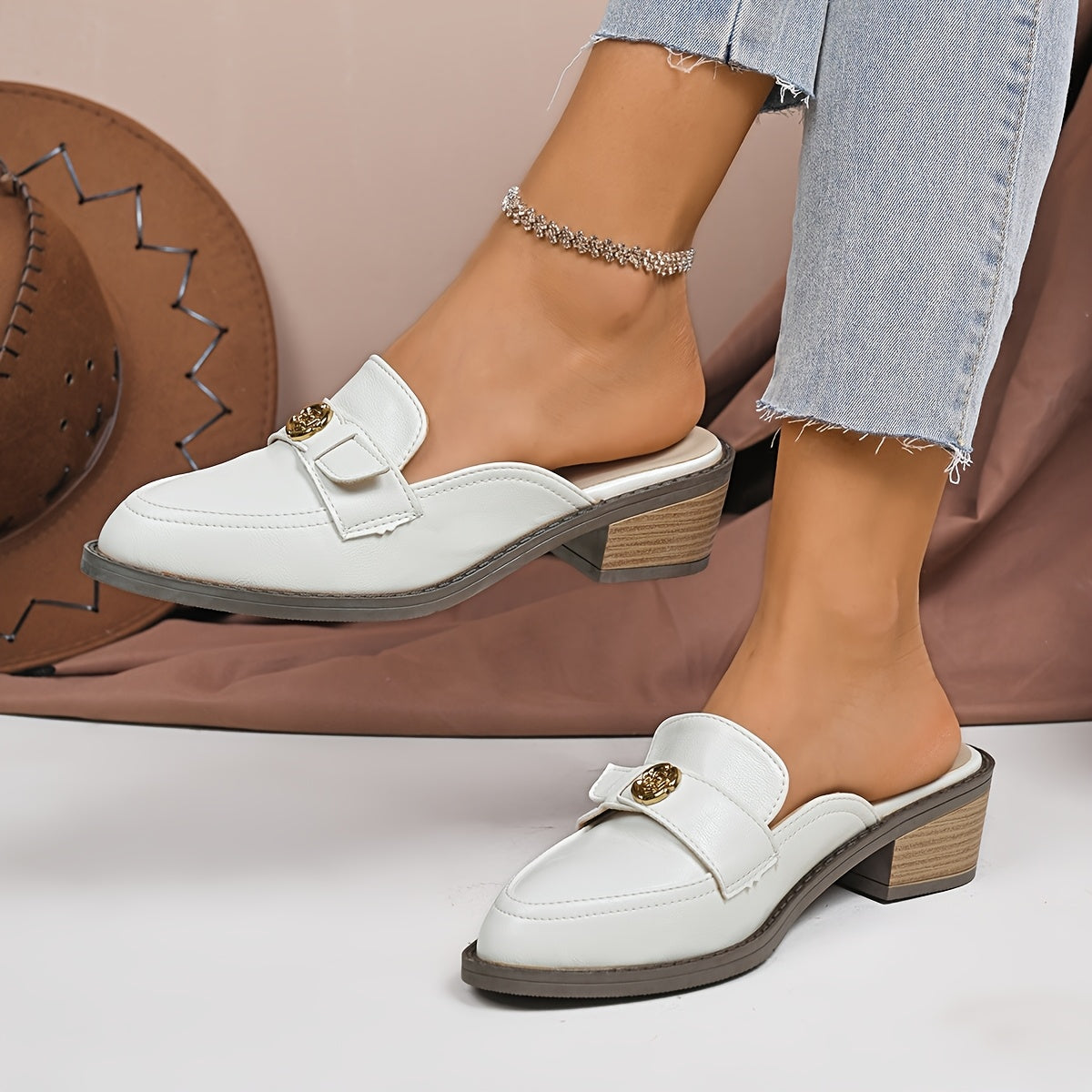 Women’s Floral Retro Pointed Toe Slip-On Mules White Brown Stylish Comfortable