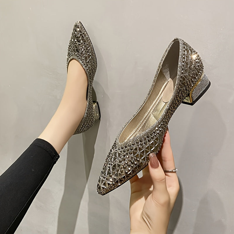 Ayollar uchun fransuz uchburchak botiqli, qalin poyali, ochiq botiqli rhinestone flats tufli