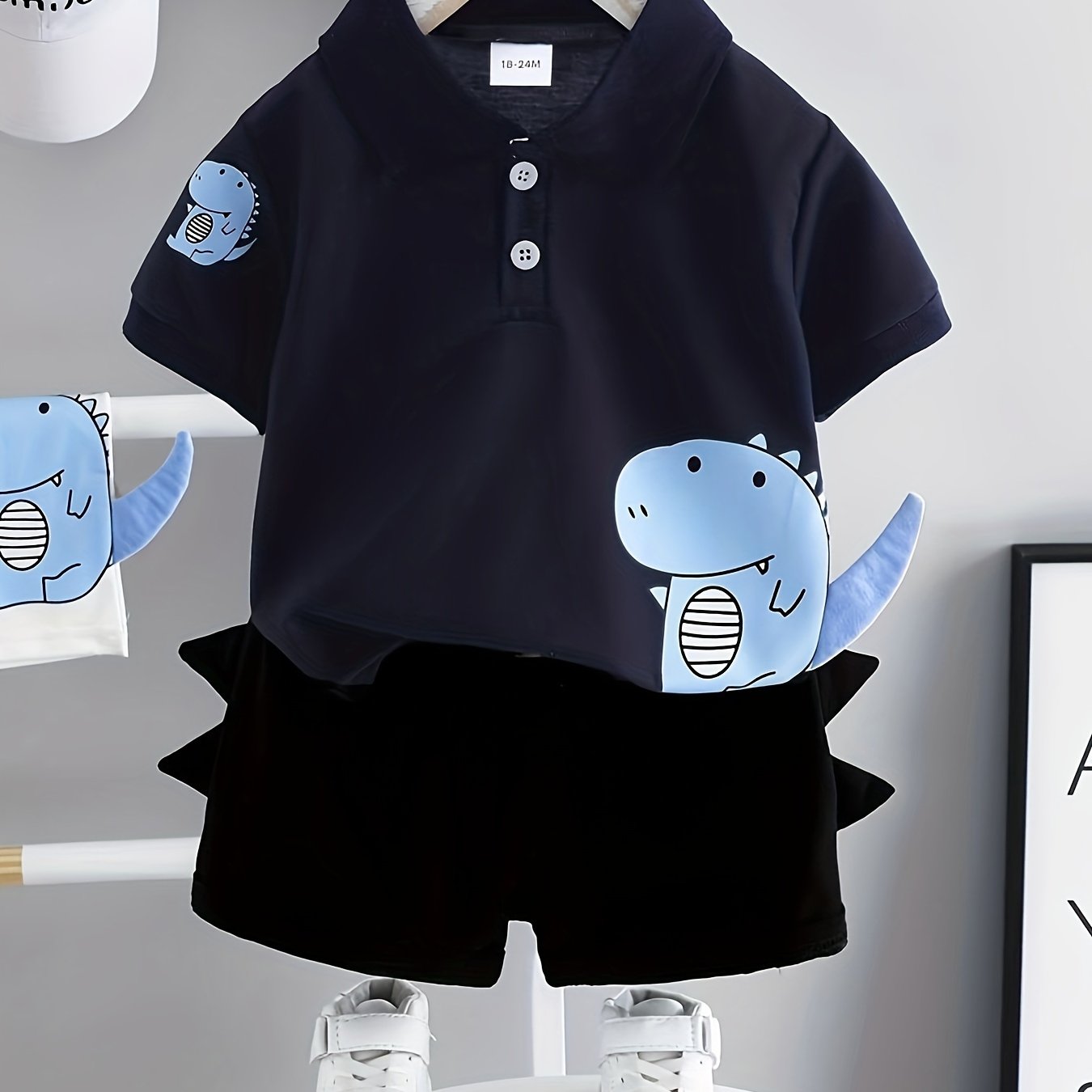 Toddler Boys Set with Dinosaur Print Short Sleeve Shirt and Elastic Waist Shorts for Summer Outdoor Wear