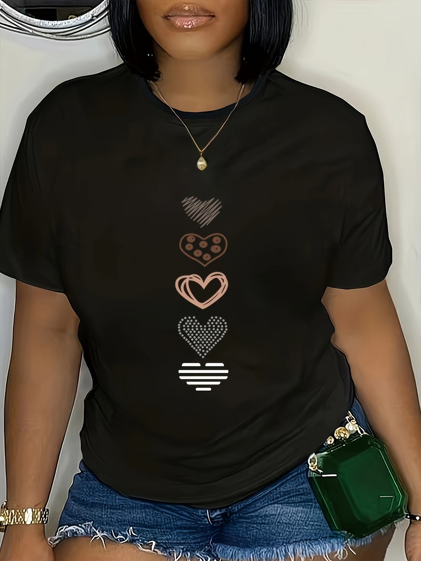 Plus Size Women's Casual T-Shirt with Heart Glitter Print, Striped, Breathable