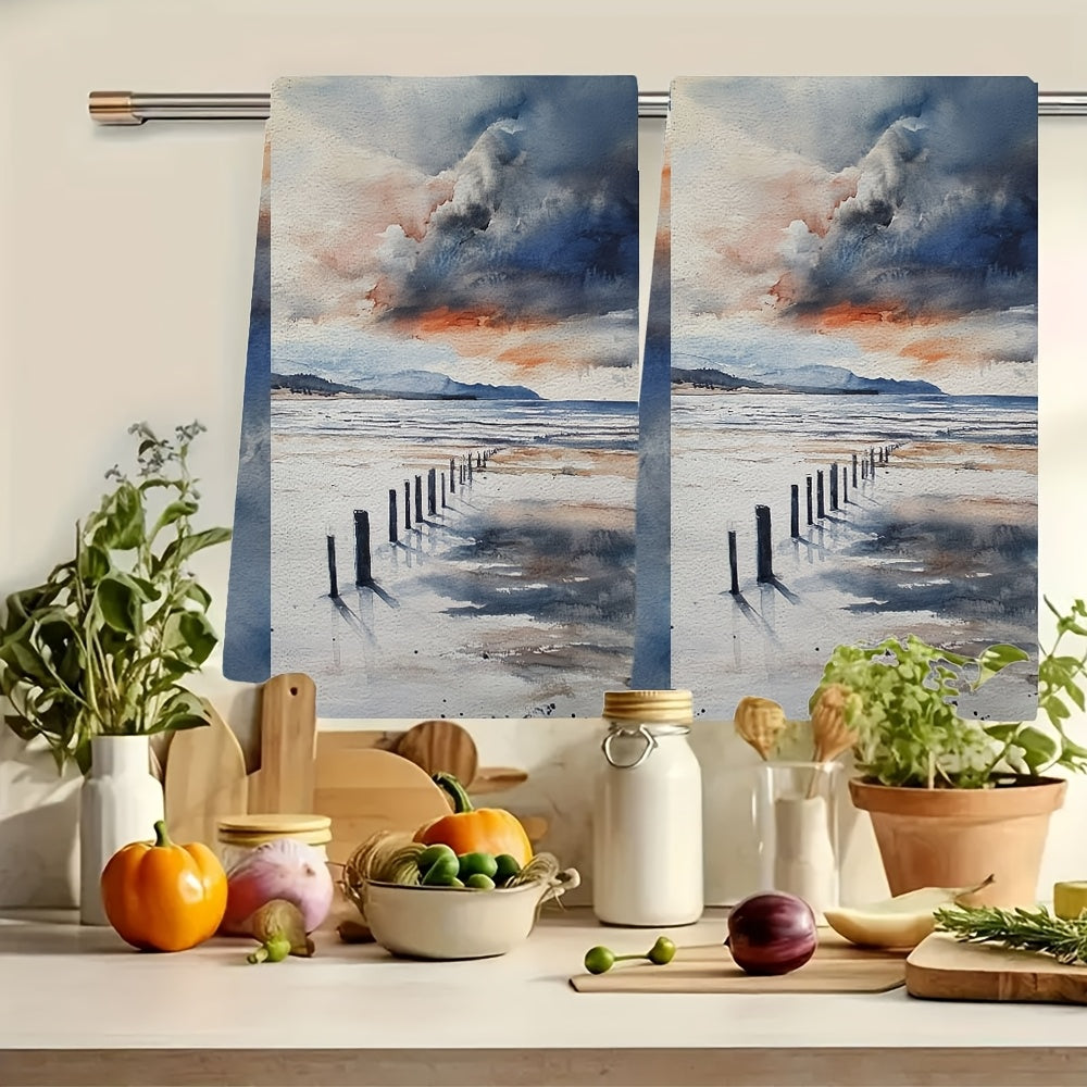 Set of 2 Sea View Kitchen Towels 16x24 Inch Soft Absorbent Holiday Decor