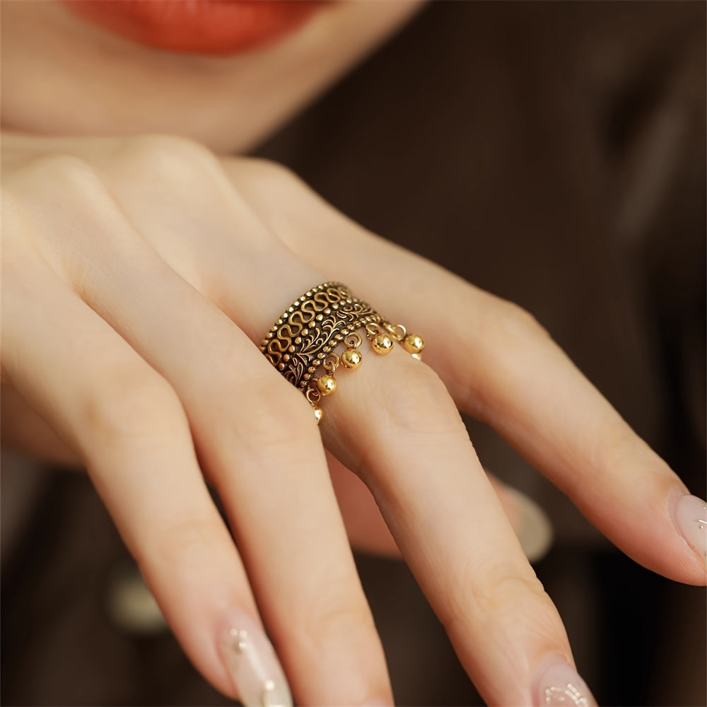 Copper Adjustable Cuff Ring with Rose Gold Plating Filigree Open Design Charms Tassels for Women