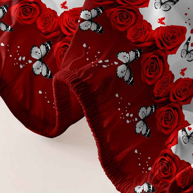 Red Rose Print Fitted Sheet Deep Pocket Mattress Protector Bedding