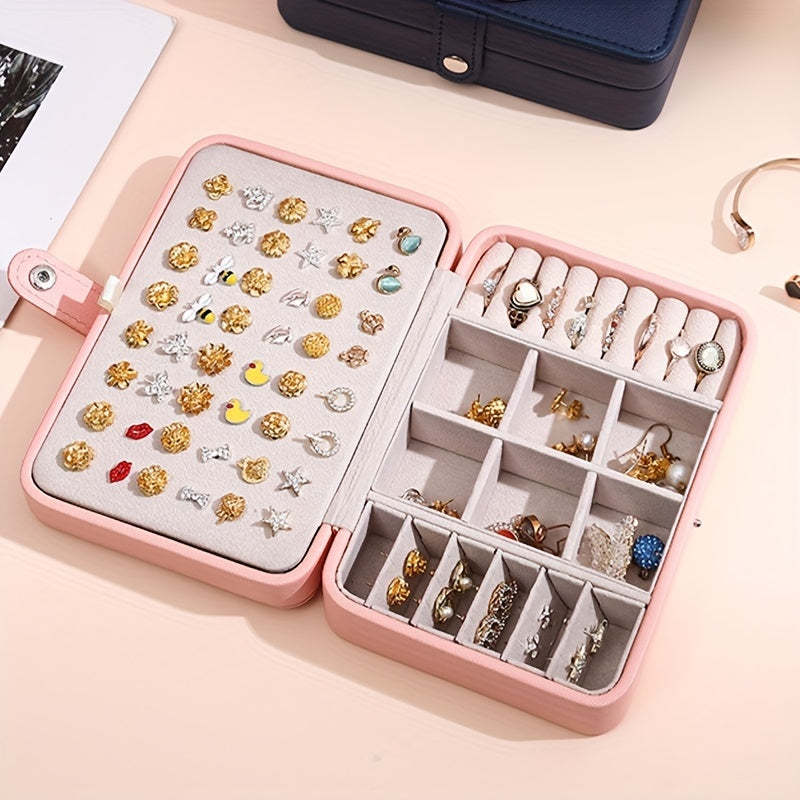 Leather Jewelry Box with Double Layers Mini Storage Case for Earrings Rings Necklaces