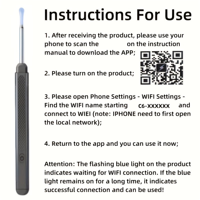 Kamerali yoritilgan quloq qopqog'ini tozalash vositasi, 6 ta silikon quloq qoshiqni o'z ichiga olgan 8 dona to'plam, qayta zaryadlanadigan litiy batareya, USB zaryadlash, 130mAh, zamonaviy quloq qopqog'ini olib tashlash aksessuar.