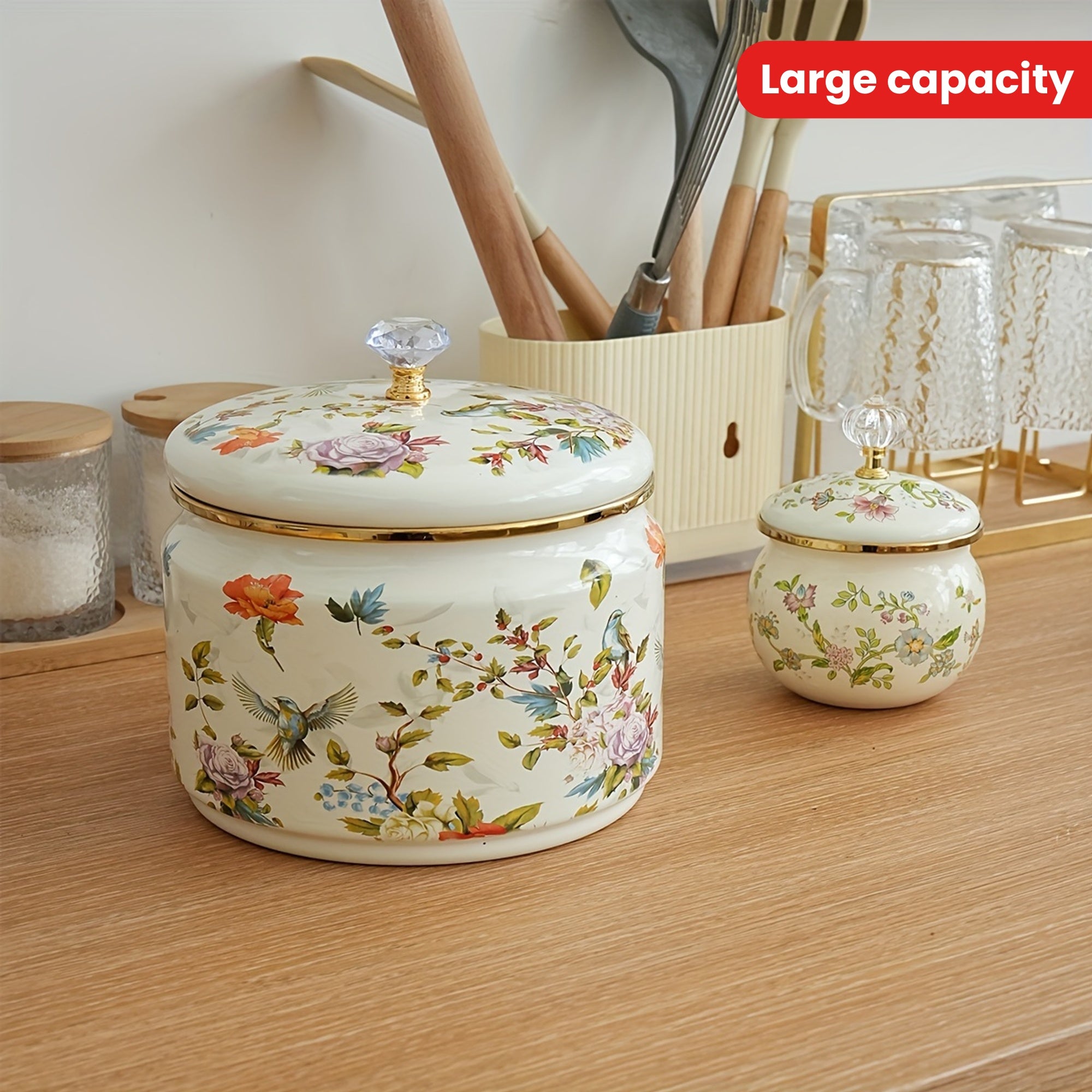 Enamel Storage Jar with Lid for Spices Coffee Beans Tea Vintage Kitchen Decor