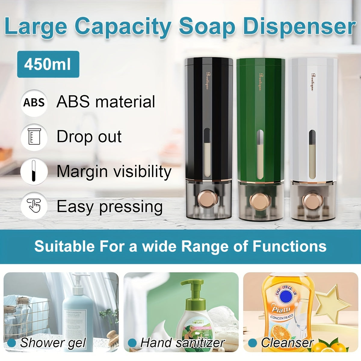 450ML Wall-Mounted No-Drill Plastic Soap Dispenser with Space-Saving Design