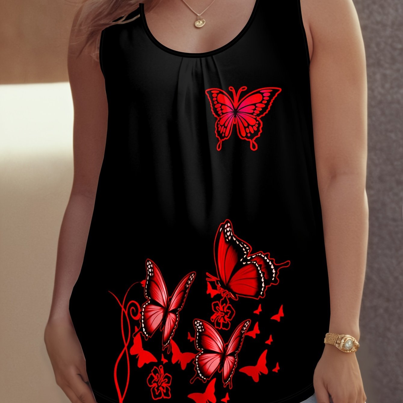 Top sin mangas de talla grande para mujer, negro, con estampado de mariposas y flores en 3D, casual para verano
