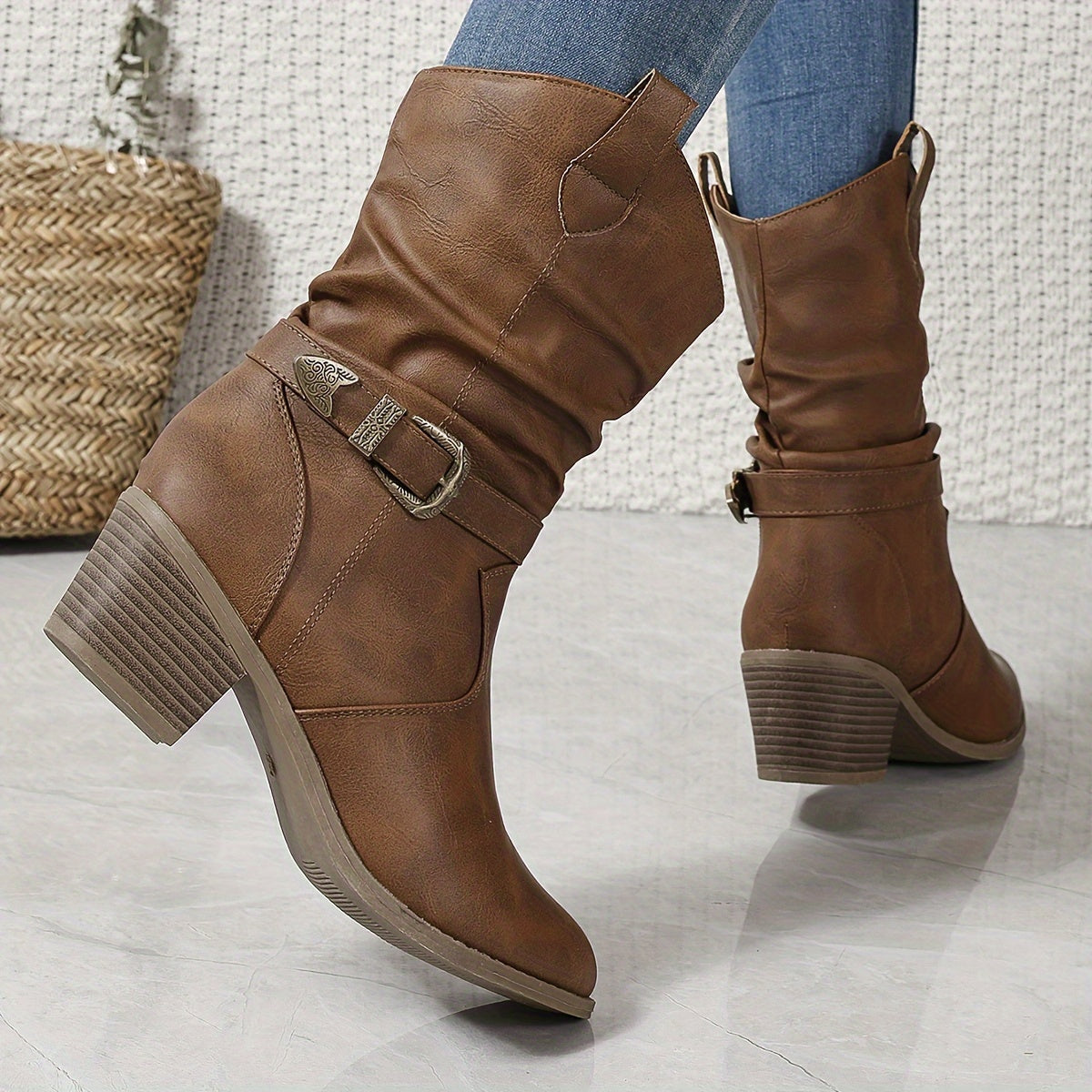 Women's Leather Round-Toe Chunky Heeled Riding Boots with Pleated Fasteners
