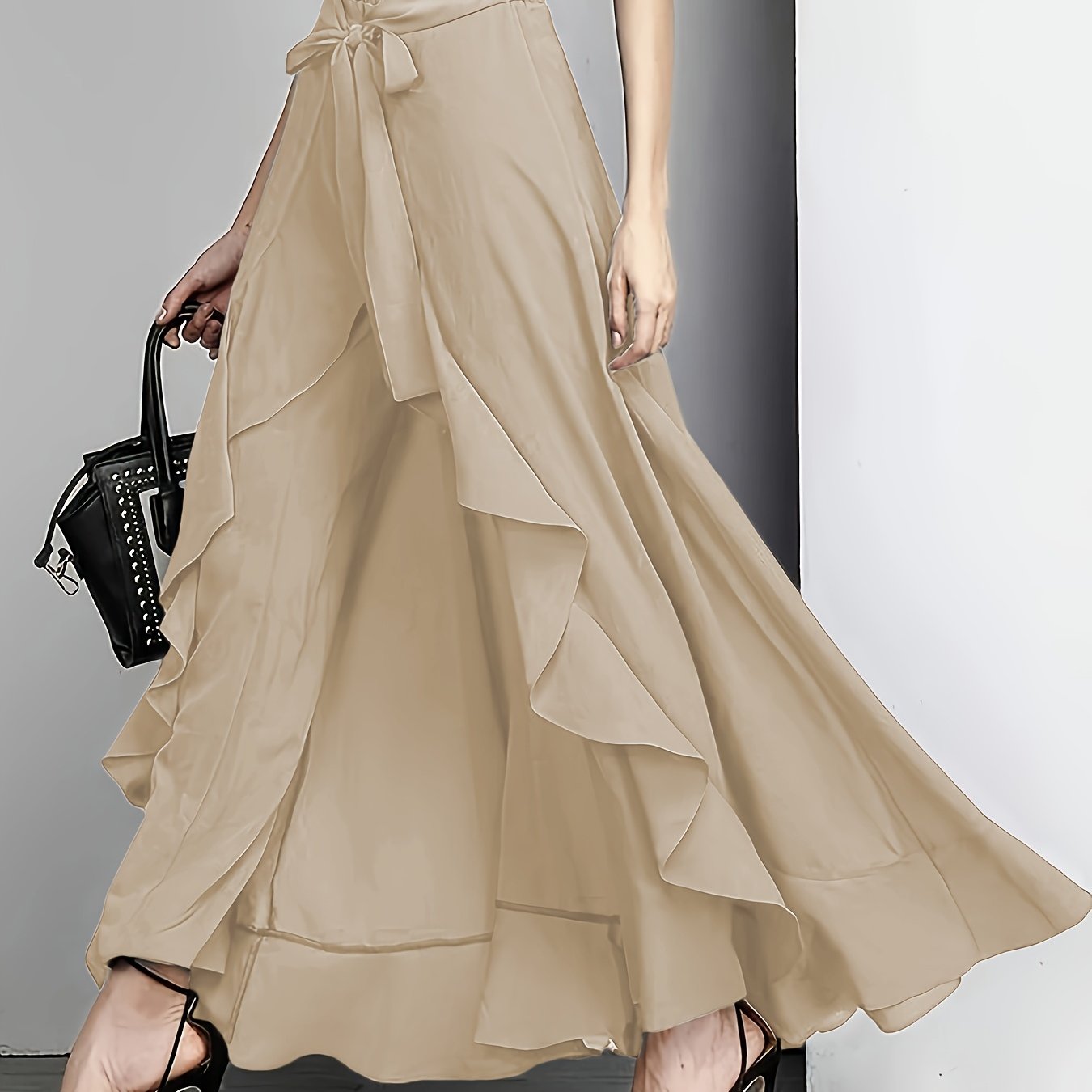 Plus Size Navy Wide-Leg Pants with Tie-Front Detail Non-Stretch Polyester Casual All-Season