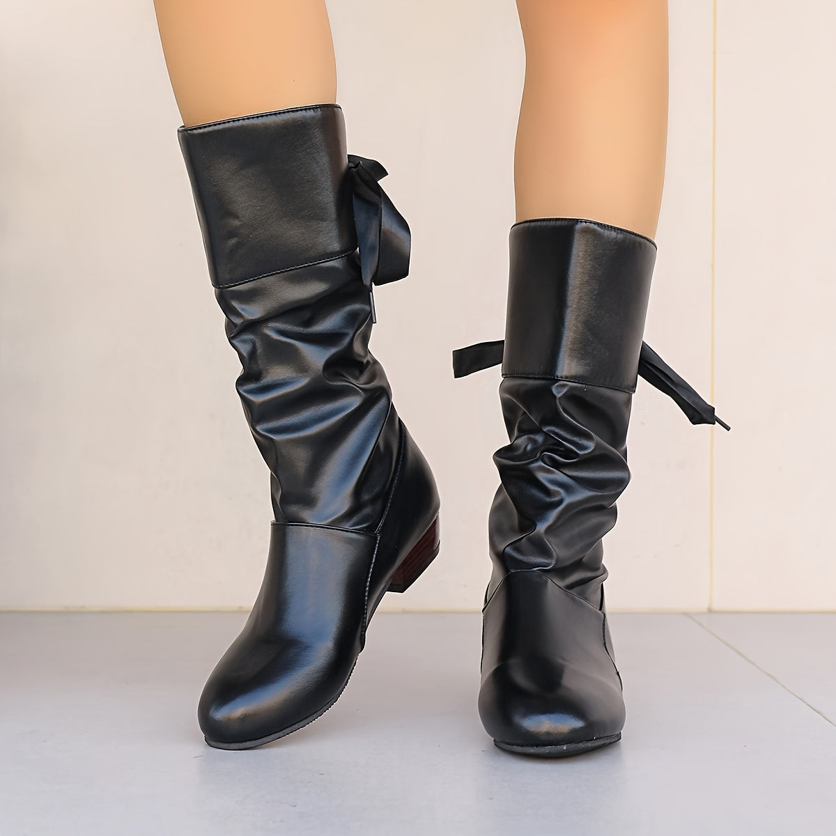 Women's Mid-Calf Lace-Up Boots Solid Color Round Toe Block Heel