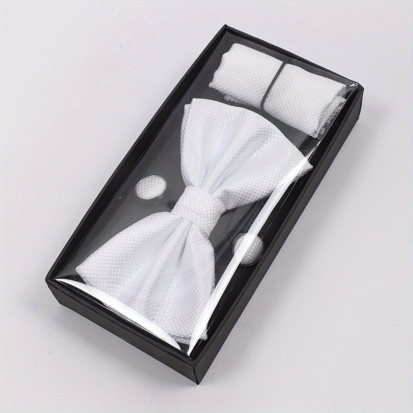 Men's Formal Wedding Bow Tie Set with Pocket Square and Cufflinks