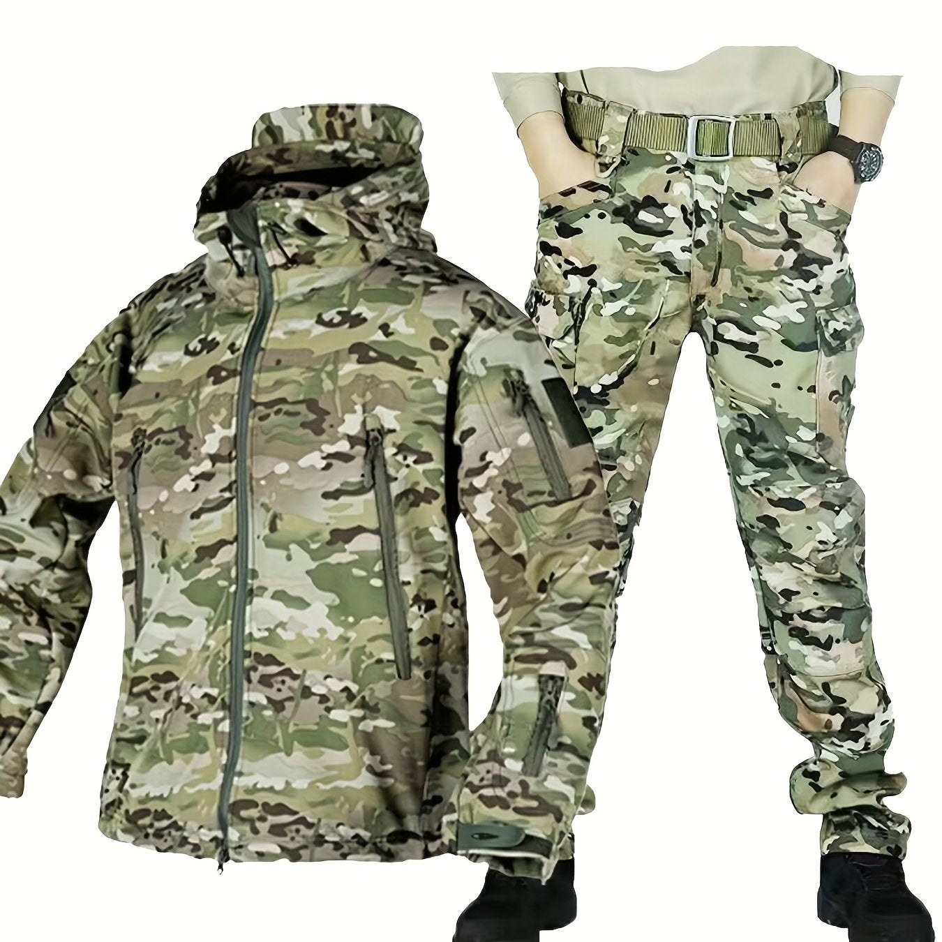 Men's Camouflage Fleece Jacket and Work Pants Set for Outdoor Hiking and Casual Wear