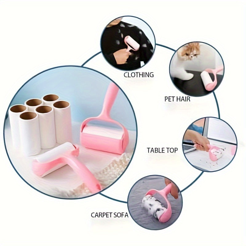 Lint Remover with Handle and 6 Replacement Rolls for Clothes Carpets and Car Seats