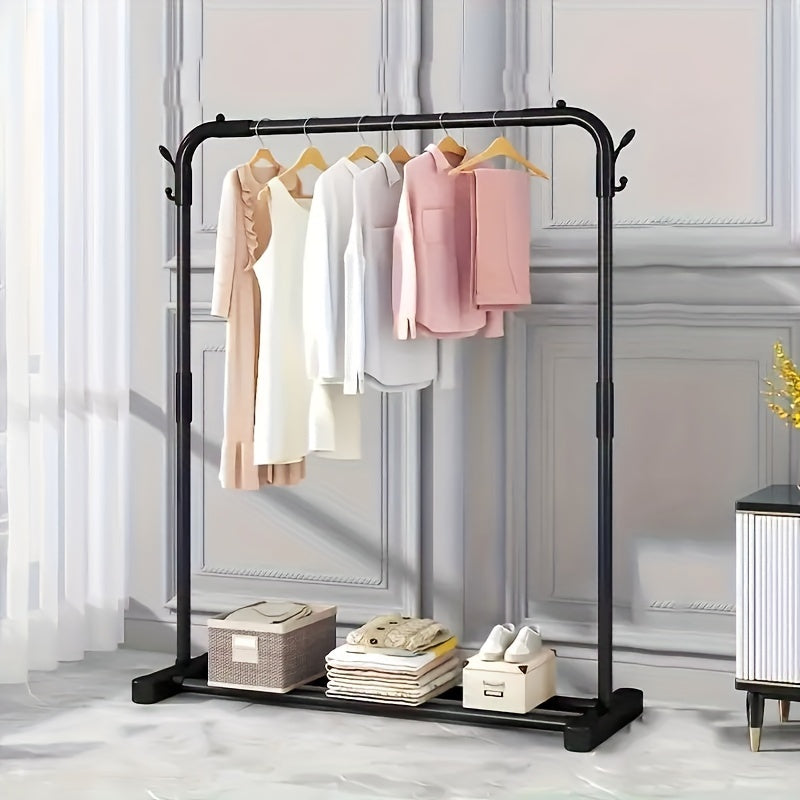 Metal Clothes Rack with Shelf and Hooks for Bedroom and Balcony Storage