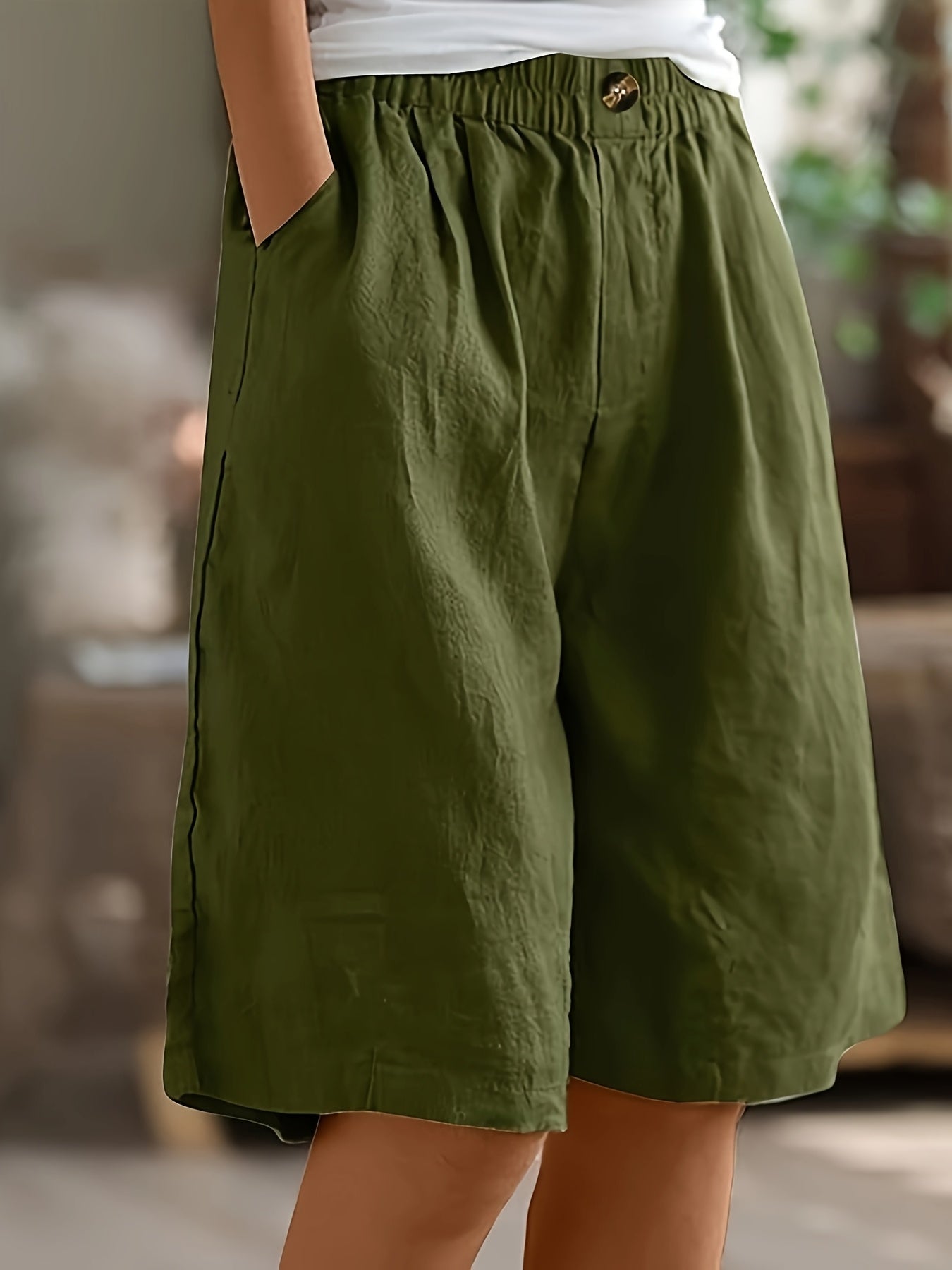 Women's Wide-Leg Bermuda Shorts Elastic Waist High-Waisted Solid Summer Casual