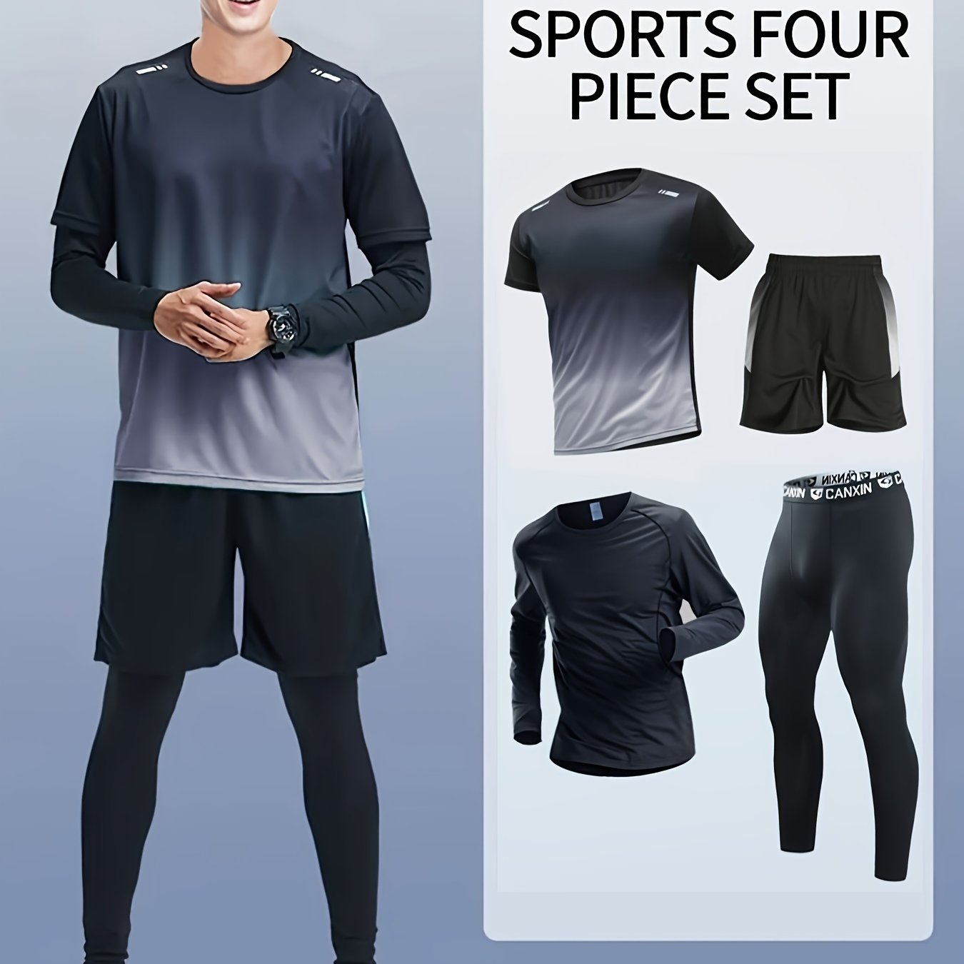 Men's Athletic Set Long Sleeve Tee Shorts Compression Pants Leggings Gradient Colors Breathable High-Elasticity Sports Training