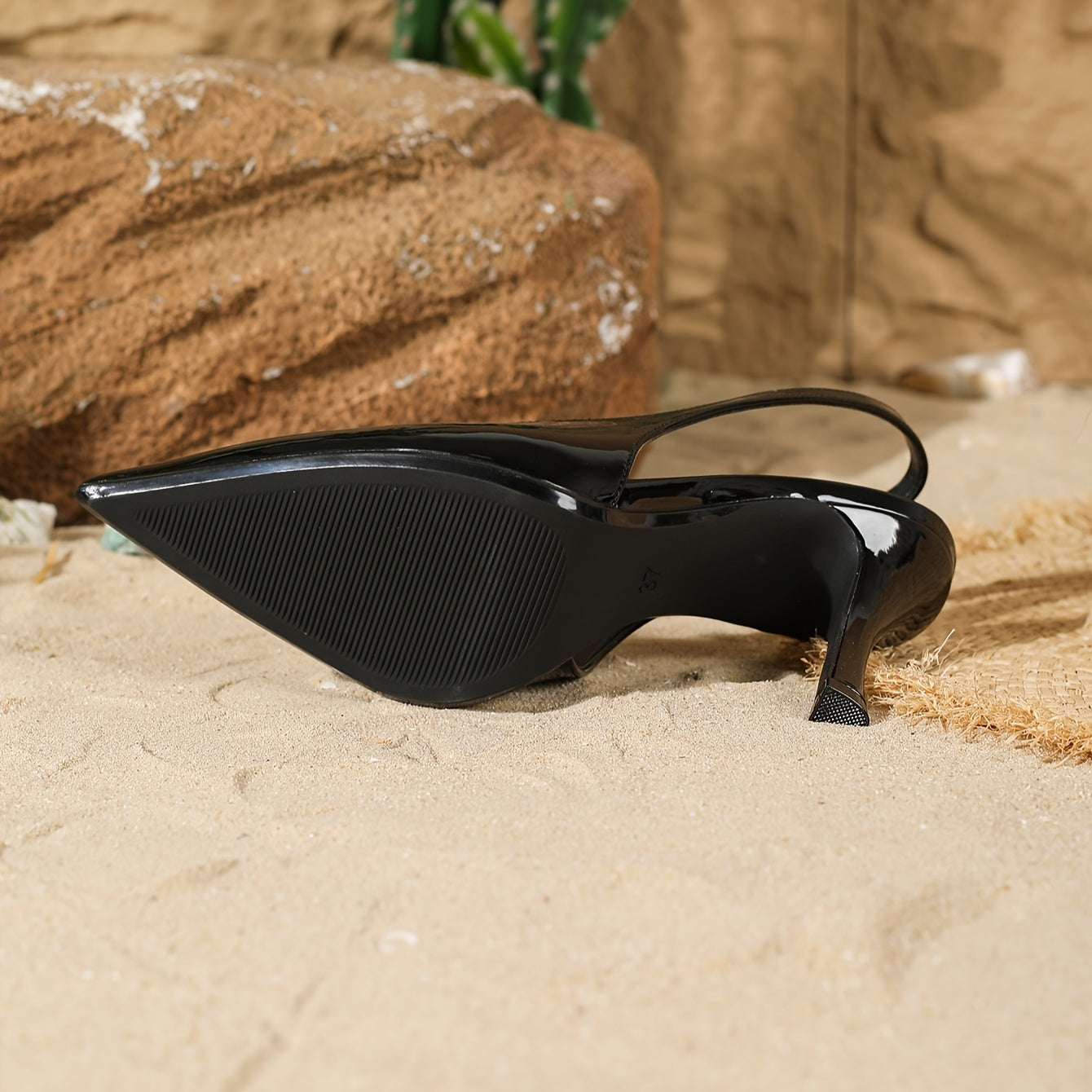 Women's Black Pointed Heeled Sandals with Slingback Strap for Spring Summer