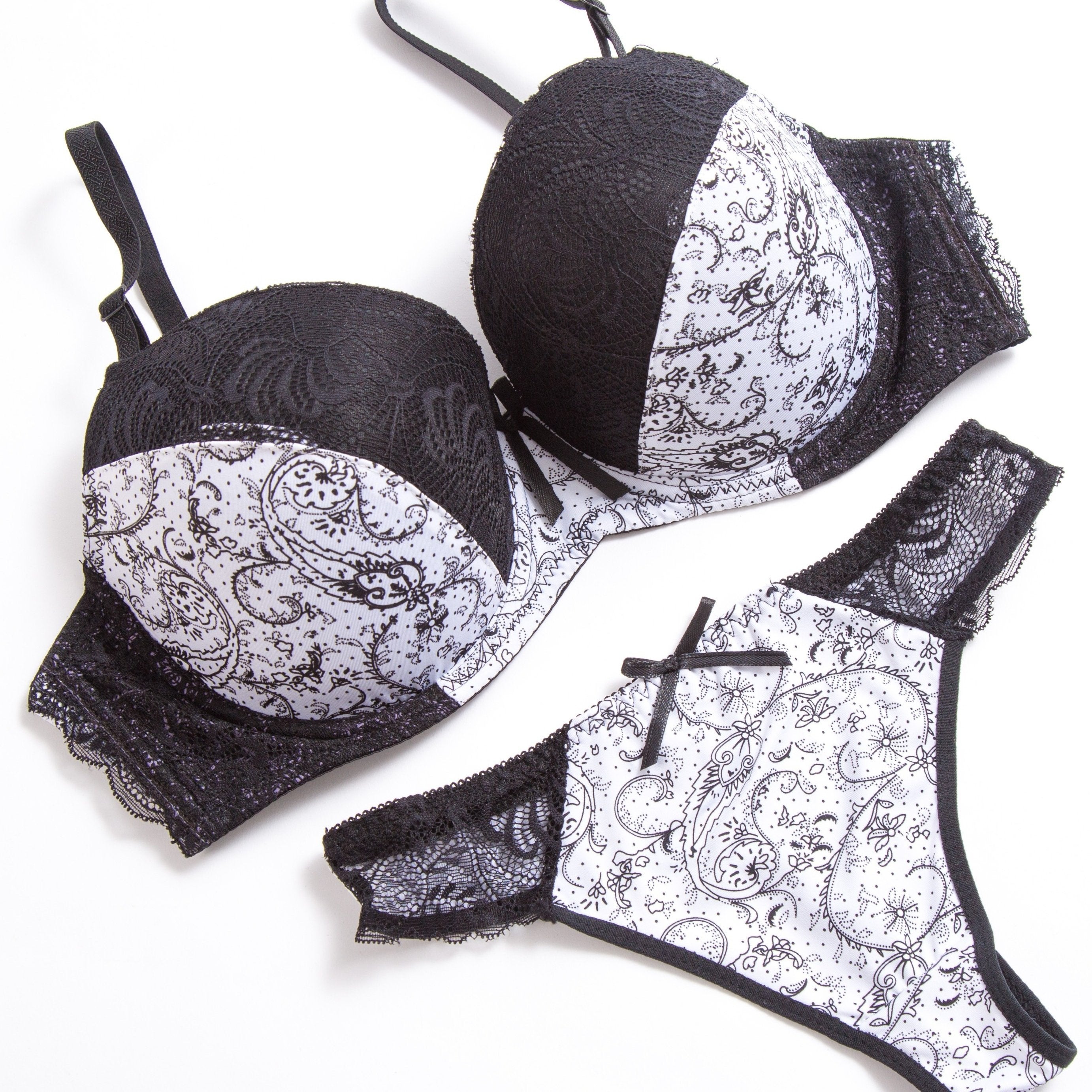 Lingerie Lace Bra and Panty Set in Beige and Black Floral Print Nylon Blend Comfortable for Casual or Special Occasions