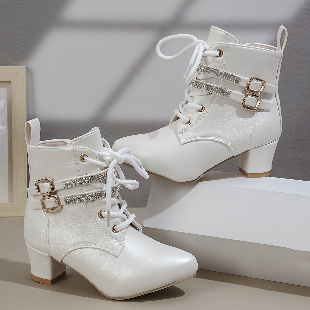 Women's Faux Leather Block Heel Boots with Buckles Zipper Pointed Toe