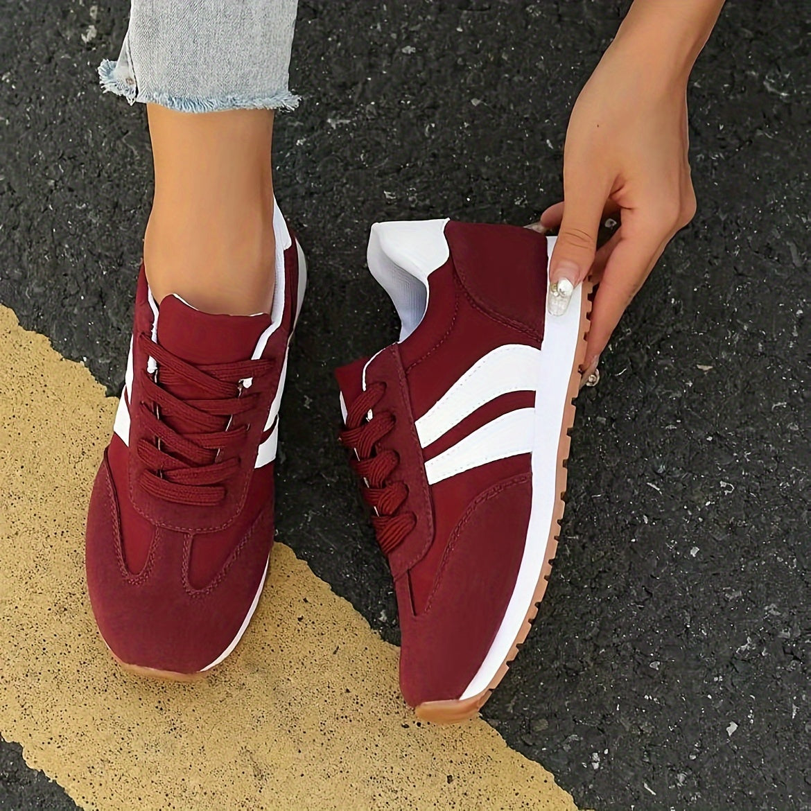 Women's Wine Red Casual Sneakers Non-Slip Lace-Up Round Toe All-Season