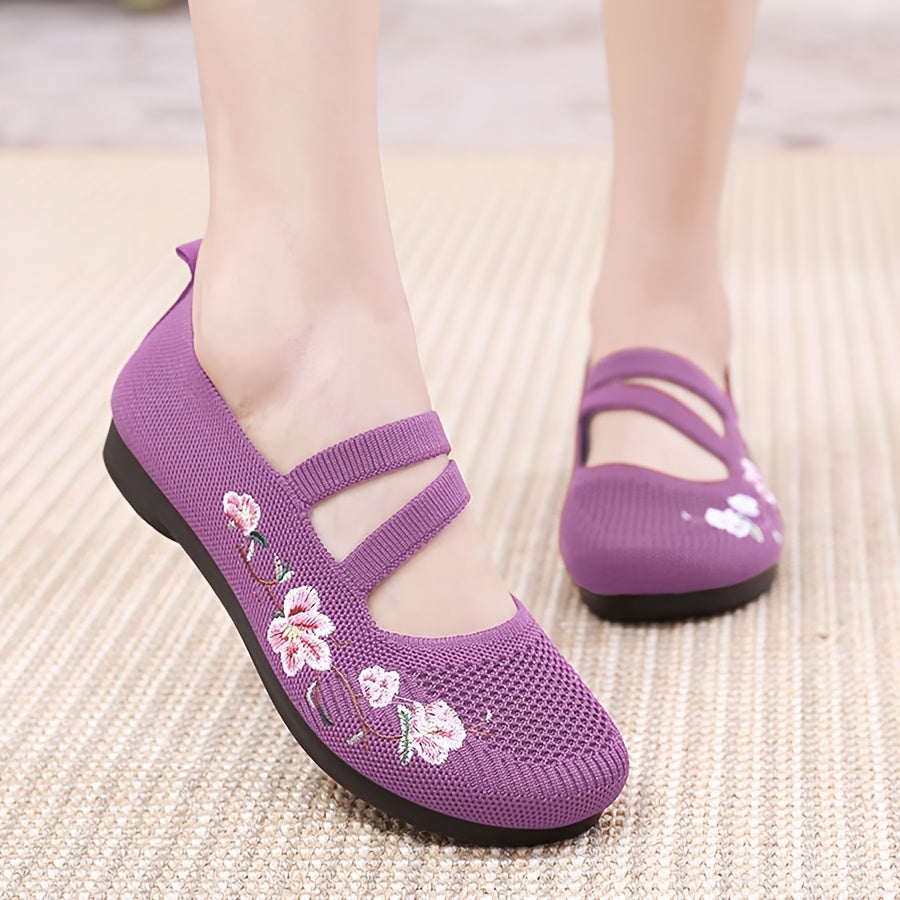 Women's Summer Casual Knit Flats Purple Red Embroidered Floral Lightweight Fabric Sole