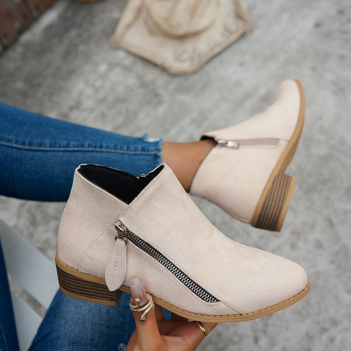 Women's Faux Leather Chelsea Ankle Boots with Chunky Heel and Side Zipper