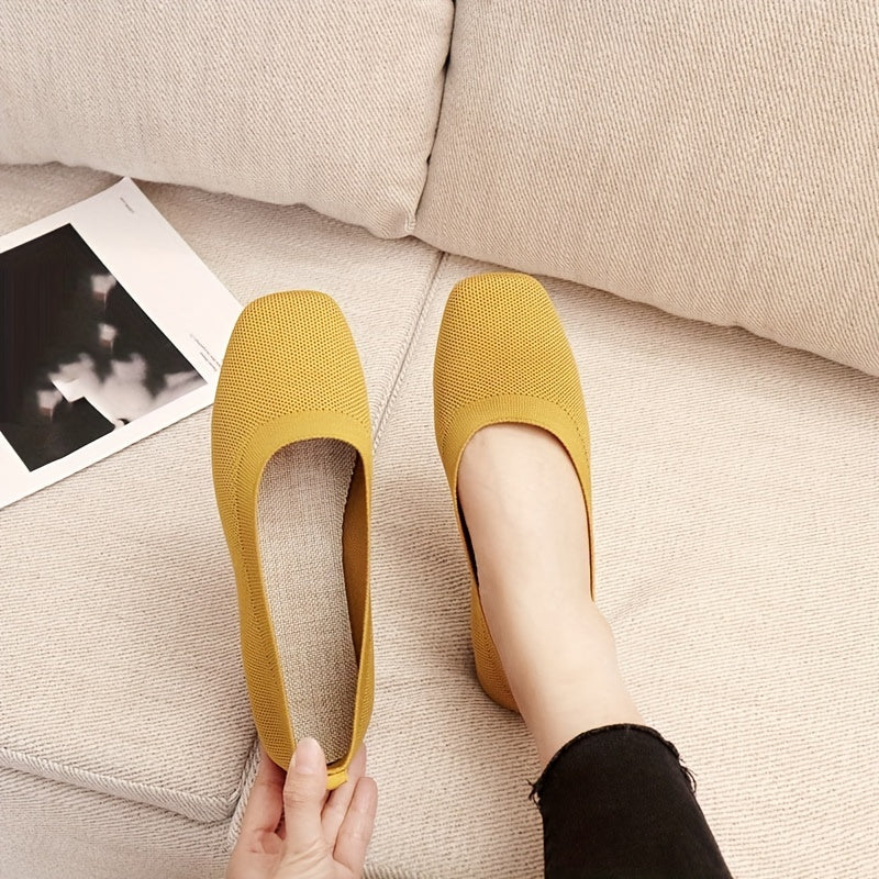 Women's Knit Flat Shoes Breathable Slip-On Square Toe Ballet Flats