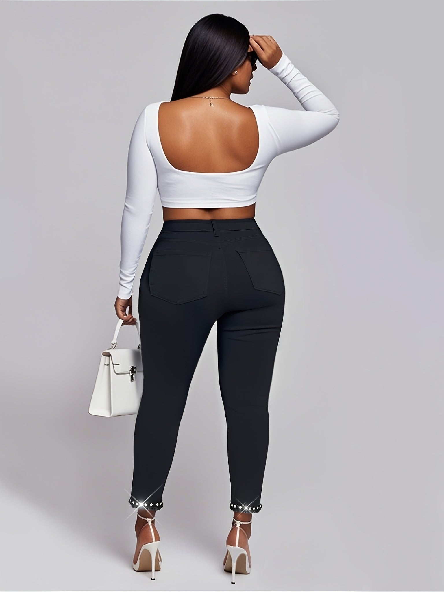 Pantalones de mujer de talla grande con dobladillo de diamantes y nueve décimas, casuales y ajustados