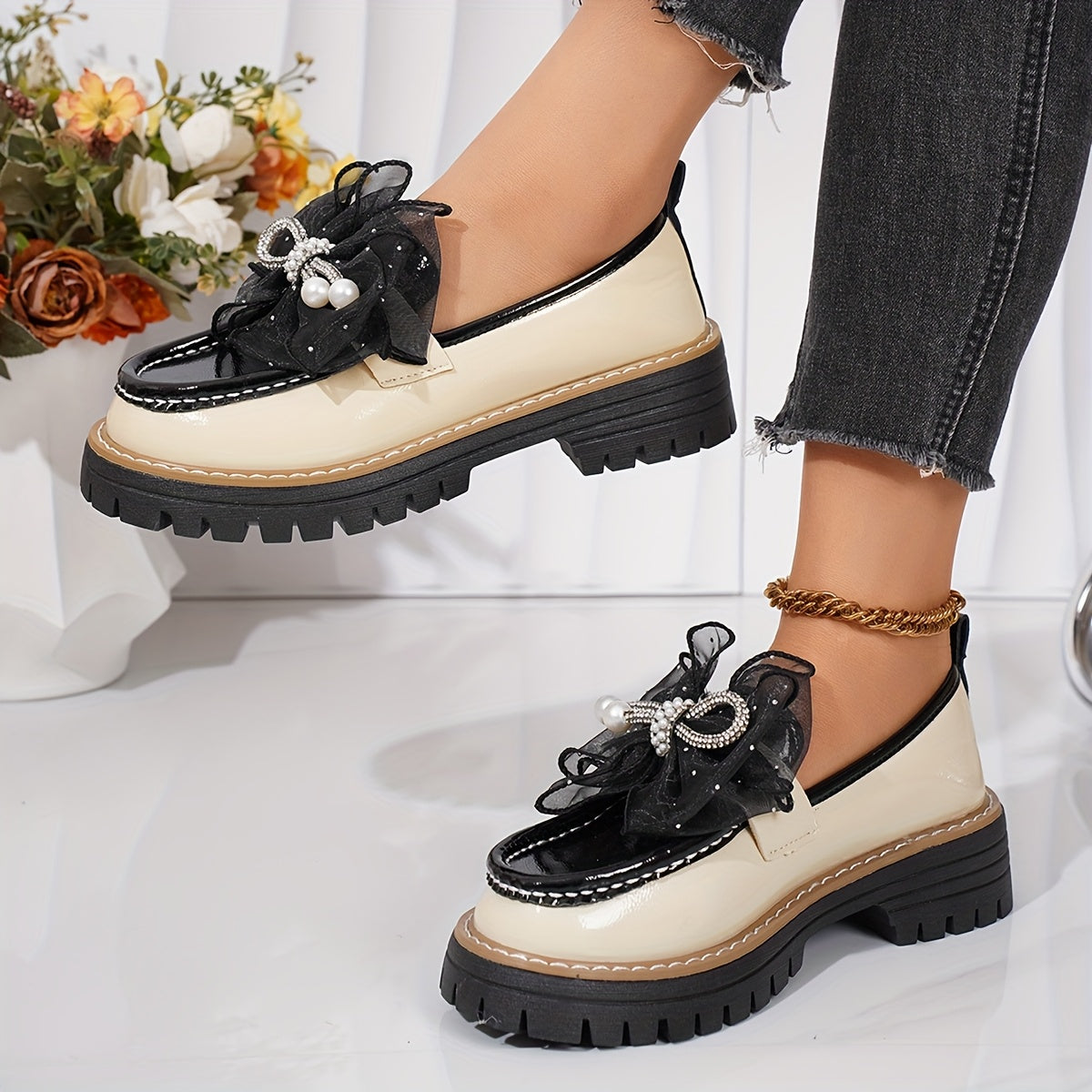 Women's Chunky Platform Loafers Slip-On Rhinestone Bow Synthetic Rubber Sole