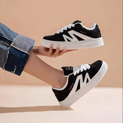 Women's Low-Top Lace-Up Sneakers Black White Synthetic Casual Shoes All-Season Comfort