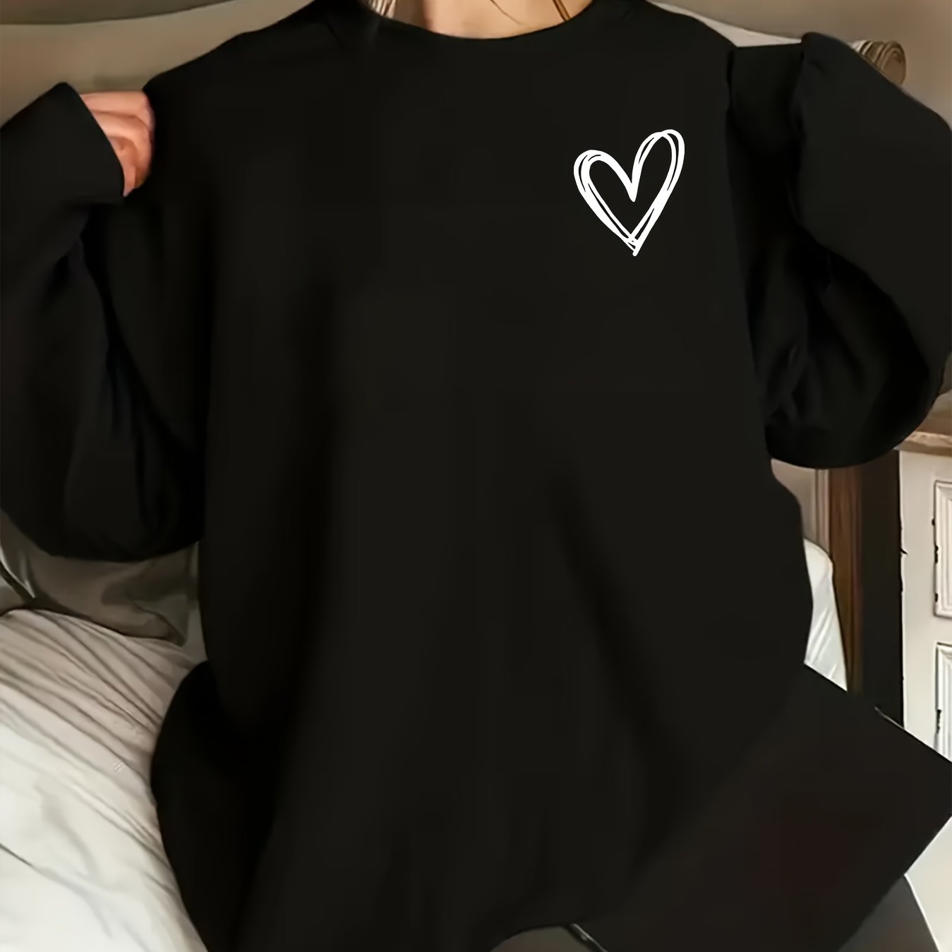 Толстовка оверсайз с принтом сердечек, повседневная, с длинными рукавами, круглый вырез, для женщин
