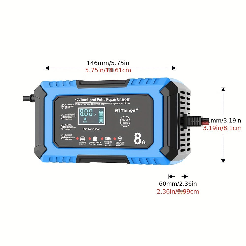 12V 8A Car Battery Charger with LCD Display Smart Fast Repair for Lead-Acid Batteries
